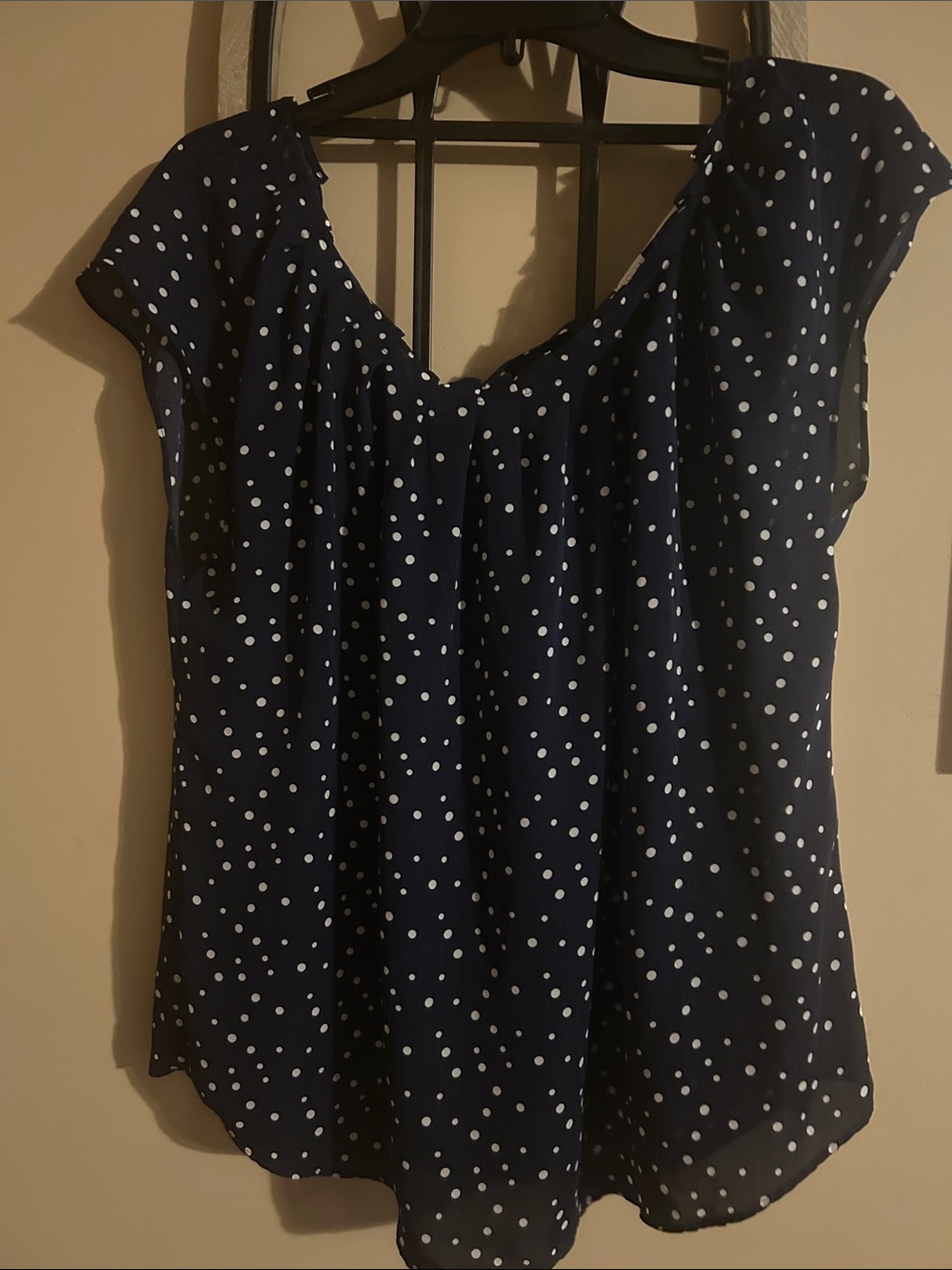 LC Lauren Conrad Navy and White Polka Dot Cap-Sleeve Blouse